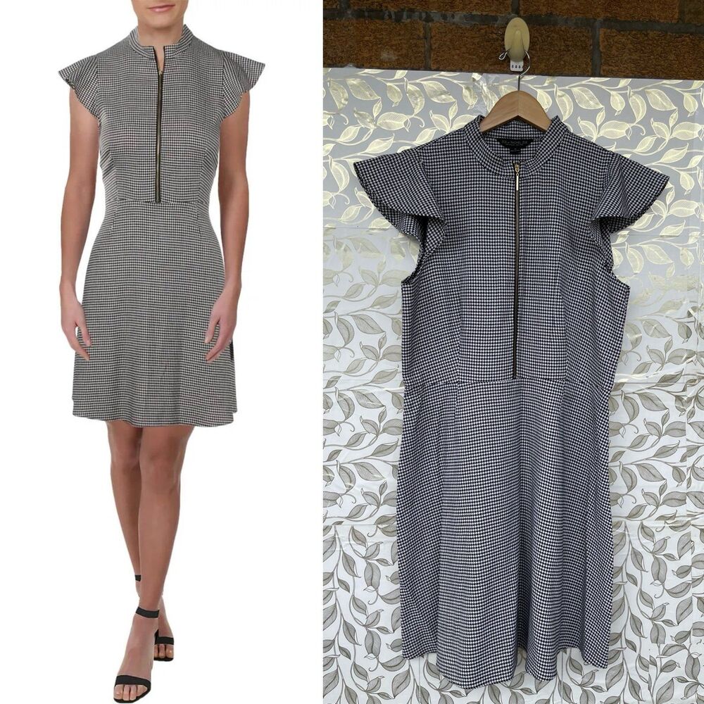 Zoe by Rachel Zoe Houndstooth Zip Front Dress Sz 14 Quiet Luxury Retro